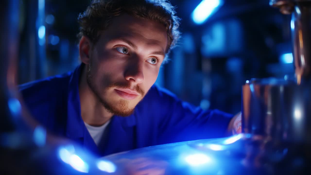 Focused Technician Analyzing Equipment Under Blue Lighting in Industrial Setting, Showcasing Precision and Attention to Detail While Working with Machinery and Tools in a Modern Workshop Environment