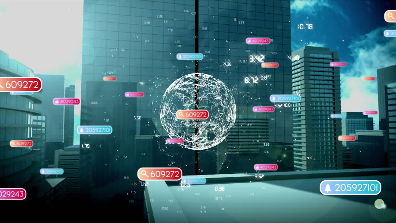 animación de iconos de medios y procesamiento de datos sobre el paisaje urbano