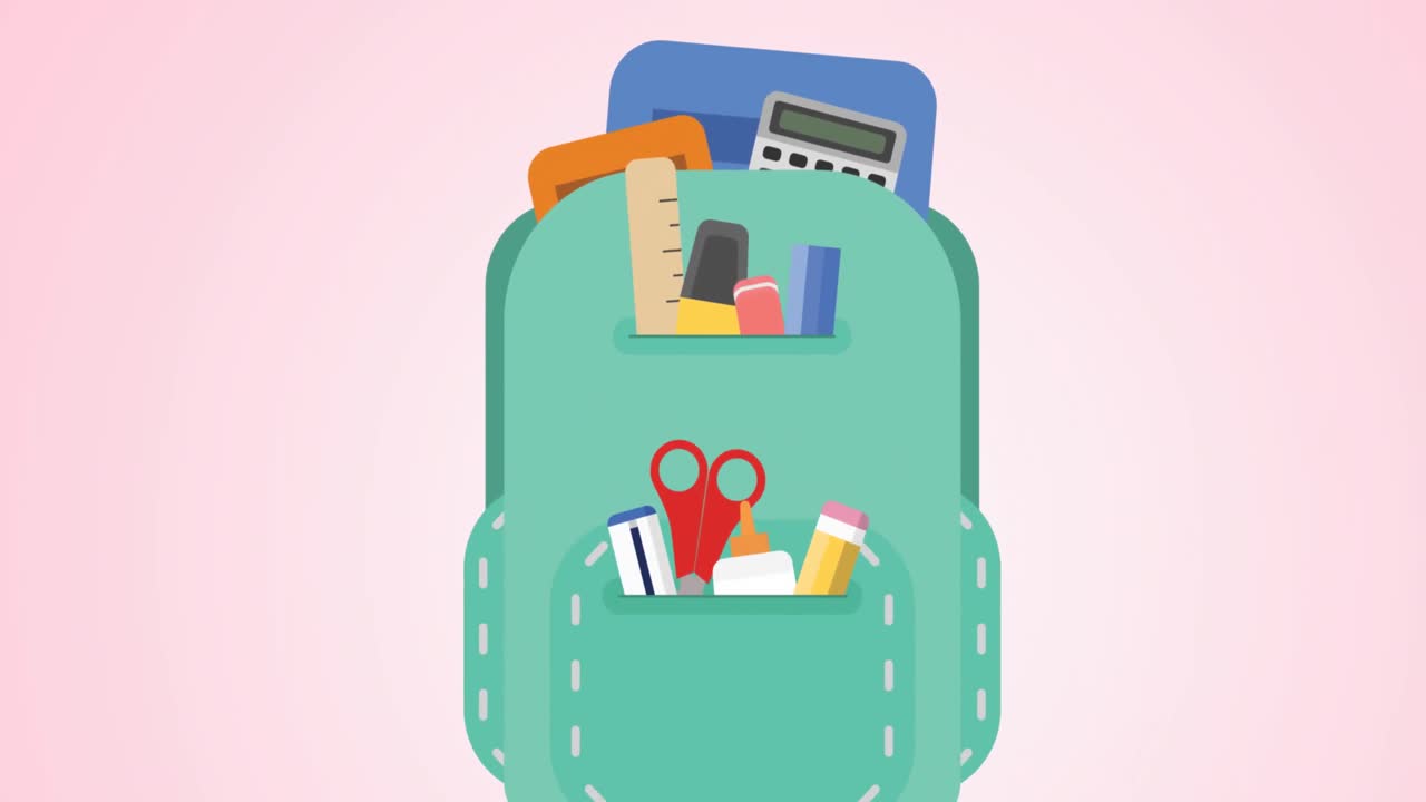 Animation of backpack and school icons over pink background