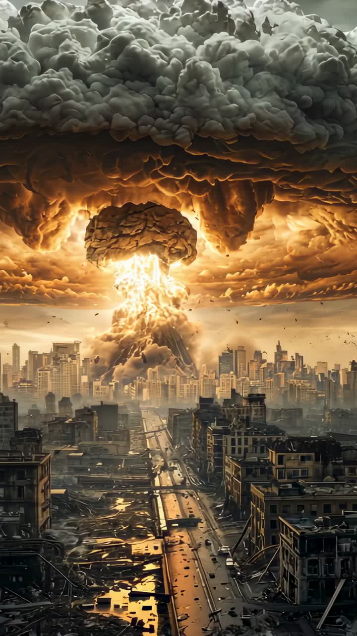 Video verticale: dopo l'esplosione, una nube a fungo si alza sopra il viale centrale, spargendo detriti