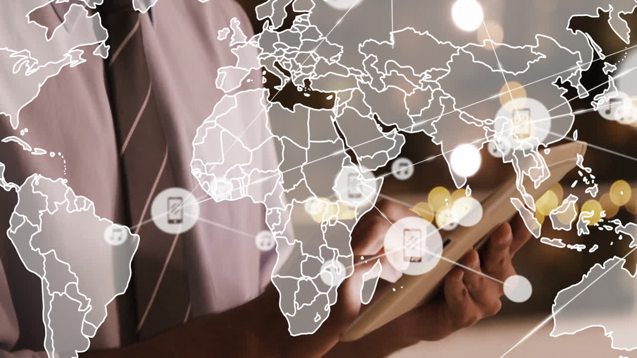 세계 지도 및 네트워크 연결: 태블릿을 사용하는 사람에 대한 애니메이션