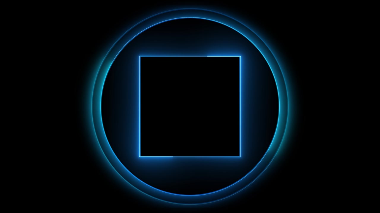 Minimal neon logo reveal frame with cyan square center blue outer ring and black empty space perfect