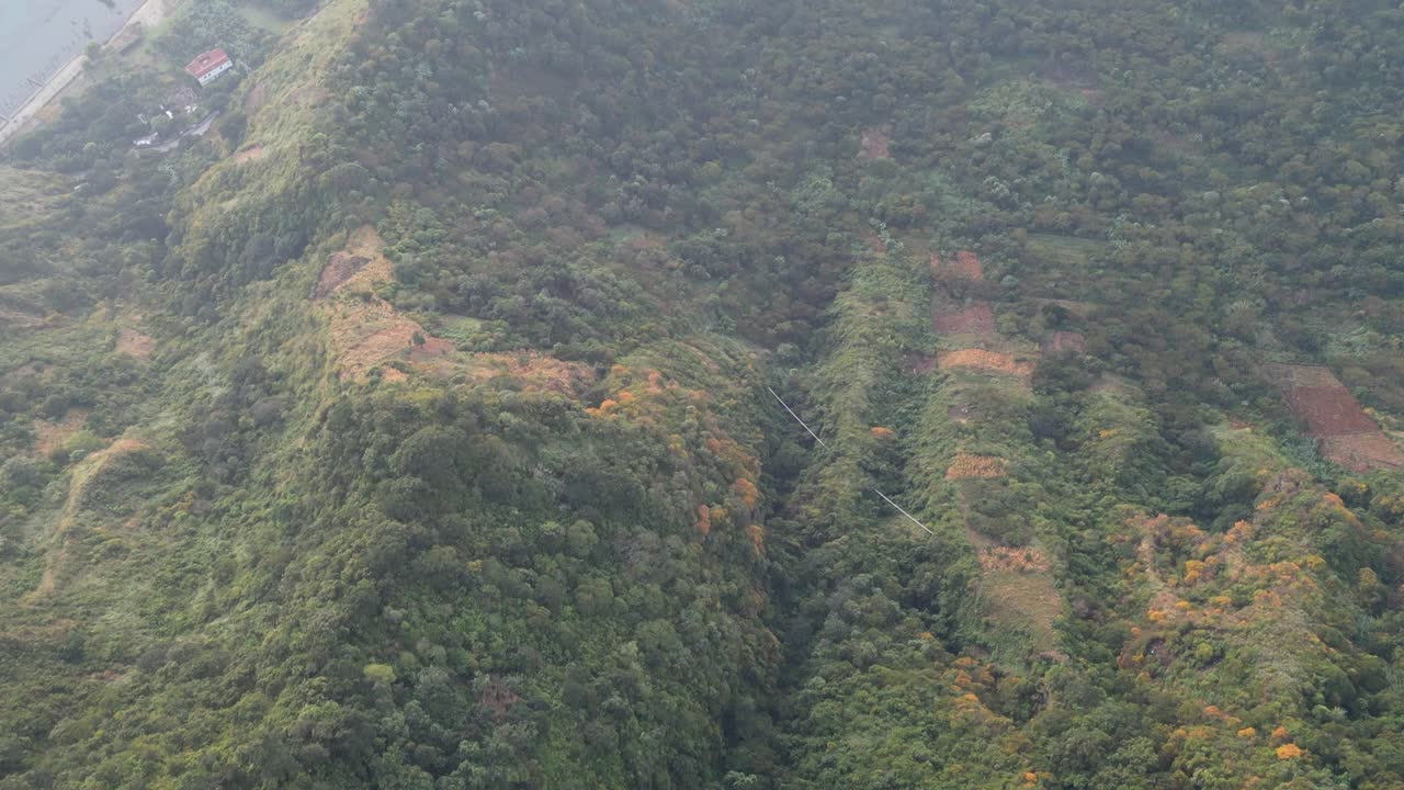 vista de avión no tripulado en guatemala volando sobre un bosque verde y mostrando una ciudad rodeada por el lago y las montañas en un día nublado en aitlan