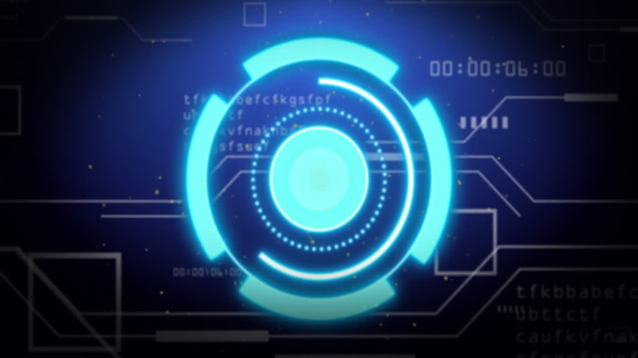 animación circular futurista con datos digitales y elementos de codificación en el fondo