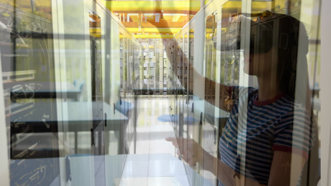 vr 헤드 ⁇ 을 착용한 여학생에 대한 컴퓨터 서버의 애니메이션