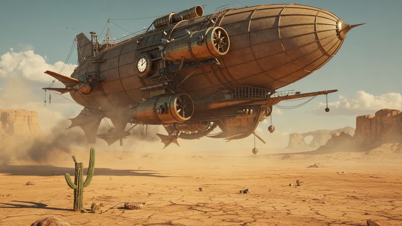 Majestic Steampunk Airship Soars Through Desert Landscape, Unveiling the Beauty of Fantasy Aviation and Vintage Innovation Amidst a Serene Cactus Scene