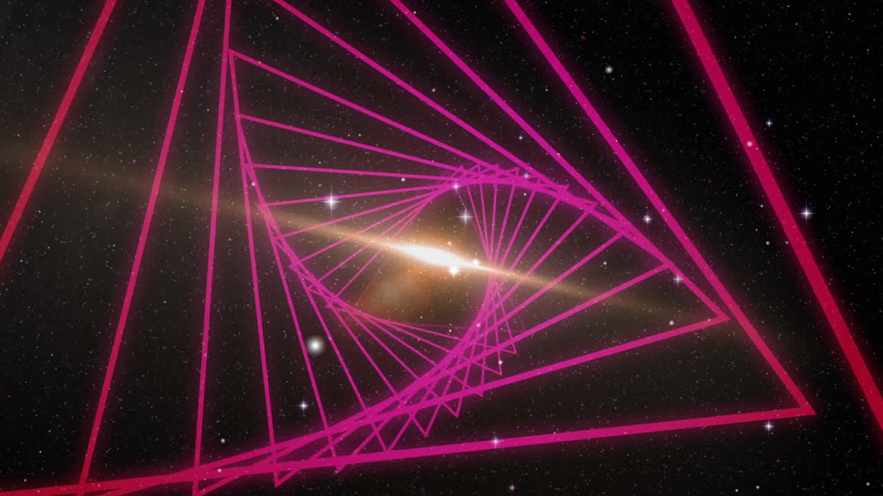 animación digital de formas de triángulos que giran en movimiento sin fisuras contra estrellas brillantes en el espacio