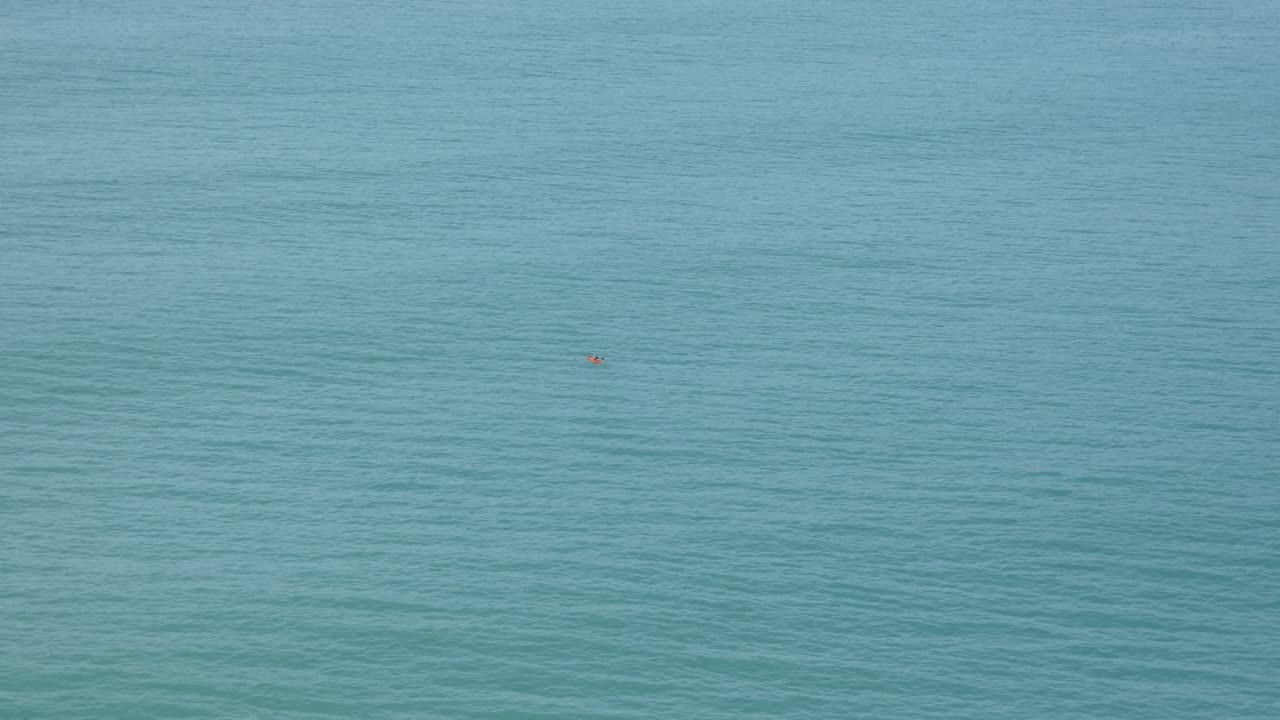 항구 입구 근처의 잔잔한 바다에서 고독한 카약 패들 - 뉴질랜드 리텔턴 항구