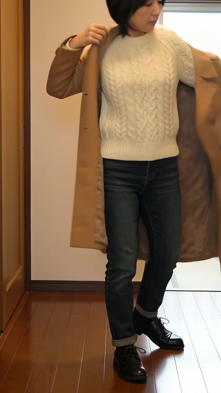 Video verticale: Mentre si prepara ad uscire, una donna indossa un lungo cappotto color cammello in un corridoio stretto, regolando la cintura.