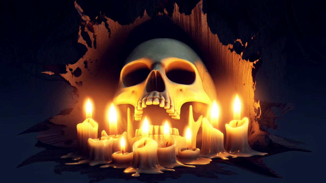 Un teschio umano è posizionato al centro tra molte candele che si sciolgono, con fiamme calde e tremolanti, cera che cola e ombre profonde che creano un'atmosfera oscura e inquietante.