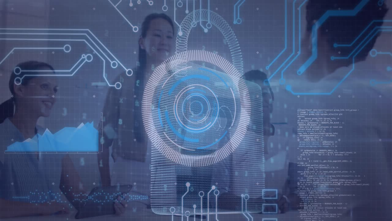 animación de la interfaz digital sobre un grupo diverso de personas de negocios