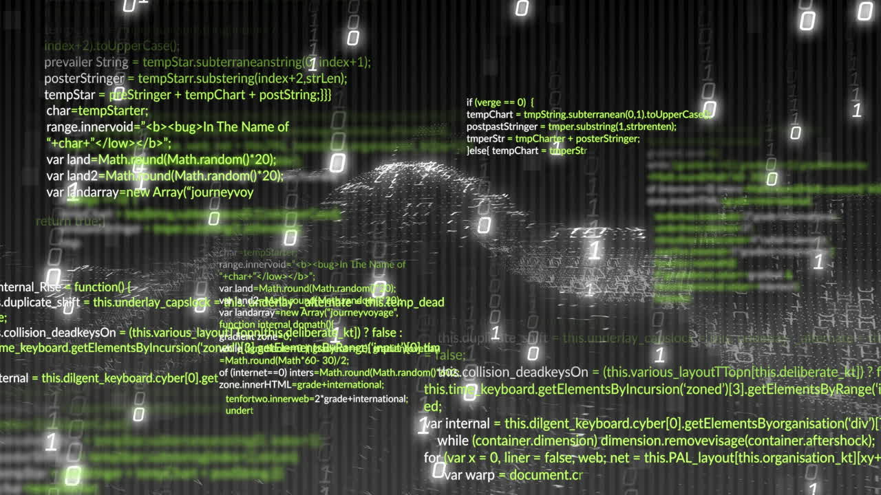Animation of car silhouette with green code and binary numbers on dark background