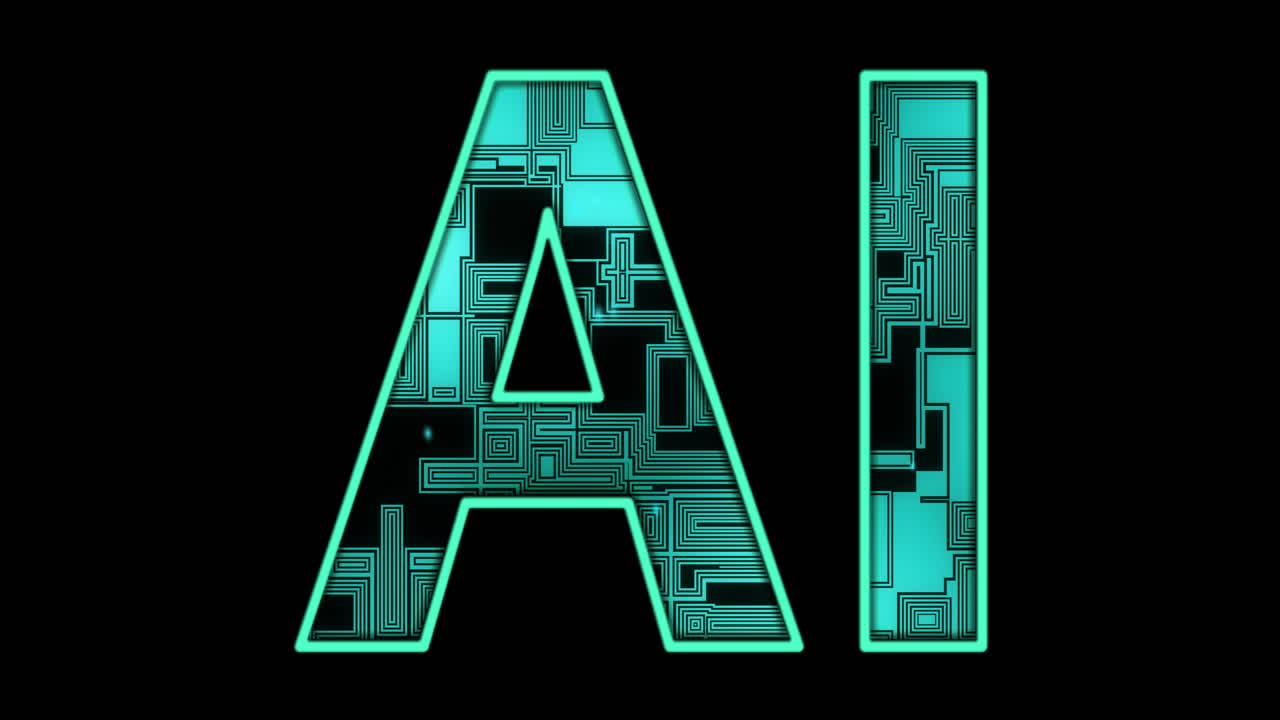 Animation of ai text and data processing over black background