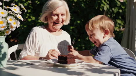 grandmother and grandson share joyful moments and cake outdoors