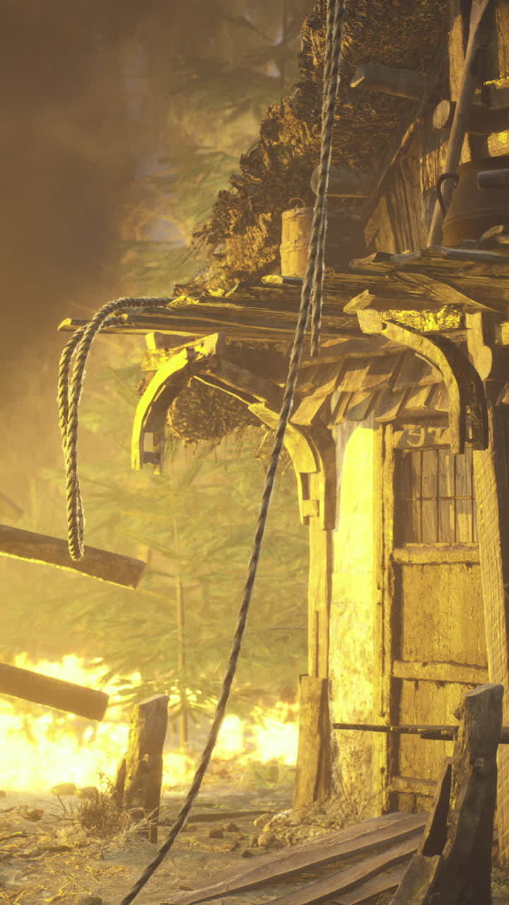 Flames engulf a rustic cabin as chaos unfolds at twilight hour in the forest
