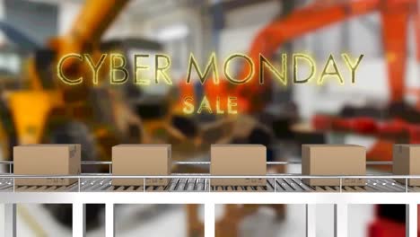 Animación-Del-Texto-De-Venta-Del-Cyber-Monday-Sobre-Cajas-De-Cartón-En-Una-Cinta-Transportadora.