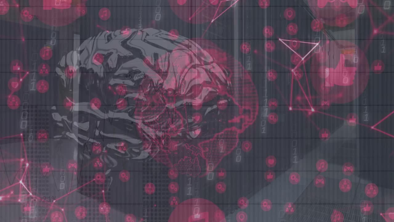 animación del procesamiento de datos y globo con cerebro sobre la sala del servidor