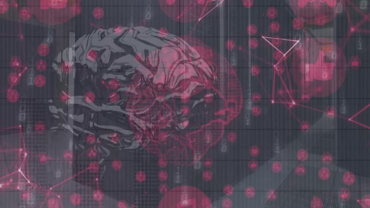Animation of data processing and globe with brain over server room