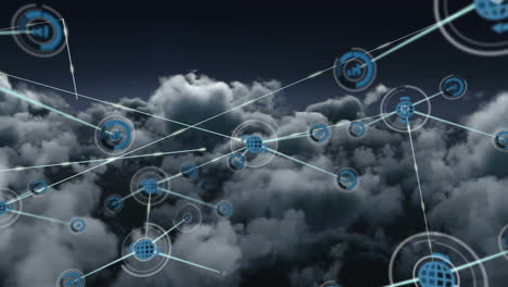 animación de redes de conexiones con iconos en el cielo