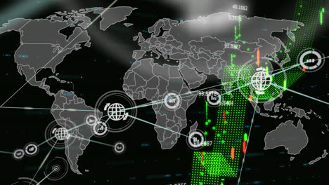 Animation-of-network-of-digital-icons-and-financial-data-processing-against-world-map