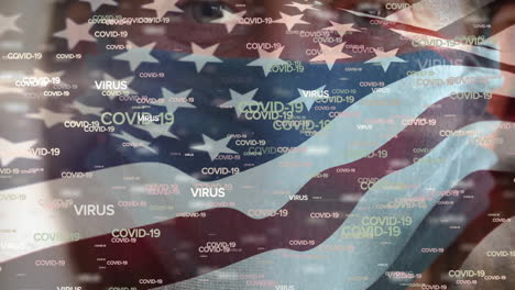 covid-19 concept texts and us flag waving against woman wearing face mask