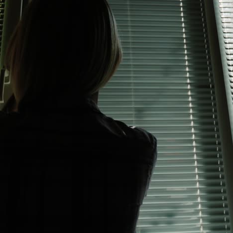 silhouette of a woman coming to the window and opening the blinds