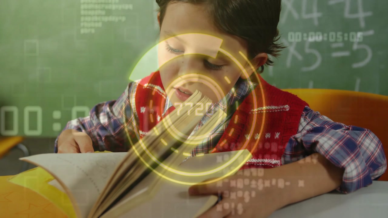 Boy leaning into book and flipping pages with pencil, yellow overlay hovering over pages, classroom
