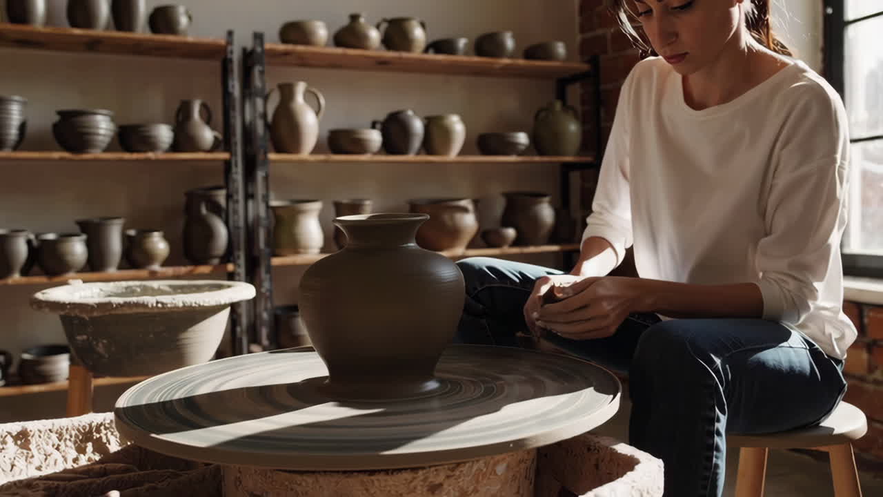 mujer creando cerámica en una rueda de cerámica