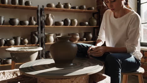 mujer creando cerámica en una rueda de cerámica