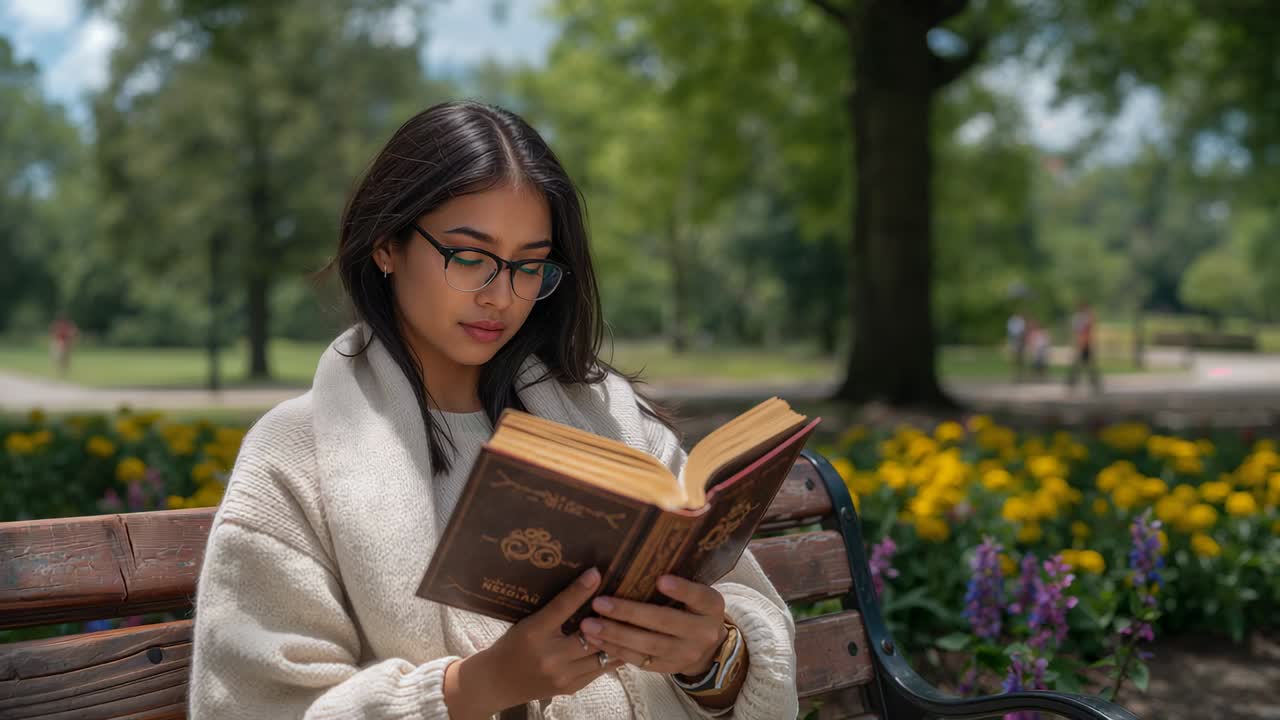 Verziertes Hardcover-Buch wird geöffnet, asiatische Frau sitzt mit Brille und Pullover auf einer Parkbank und liest