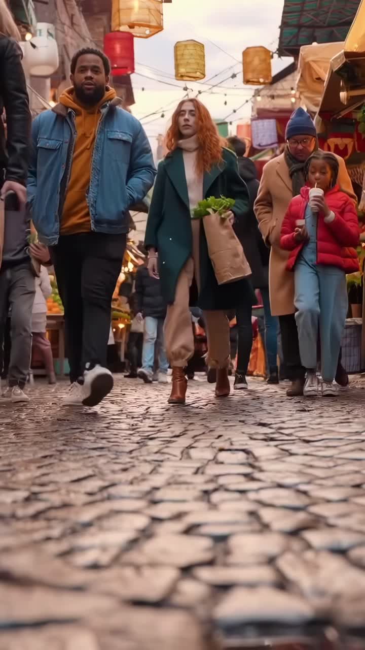 Video con angolazione bassa di persone diverse che camminano per una vivace via del mercato, sentiero di ciottoli
