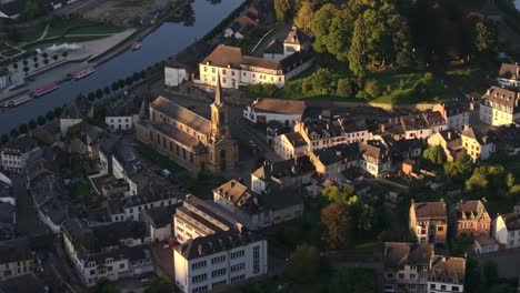 Aerial view of a town with a church