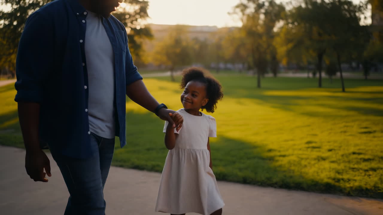 Black Father Daughter Walking In Park During Golden Hour Sunset, Holding Hands And Smiling, Little Girl