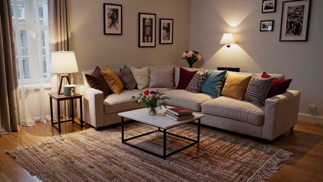 Accogliente salotto con un divano moderno, cuscini colorati e arte da parete