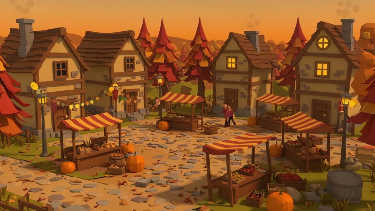 Charming Autumn Market Scene with Quaint Houses and Stalls Filled with Fresh Produce at Sunset, Capturing the Warmth of a Cozy Community Gathering
