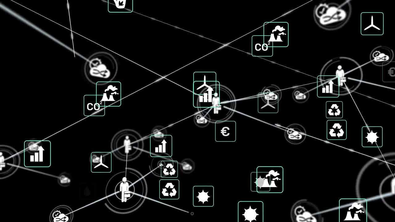 Animation of network of connections with icons on black background