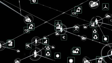 animation of network of connections with icons on black background