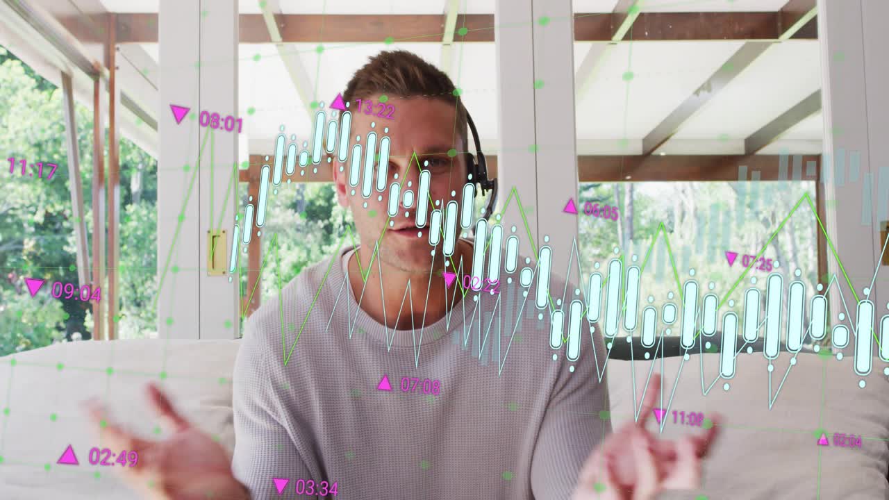 Man placing headset and scanning reports on sofa, generating animated finance charts for analysis