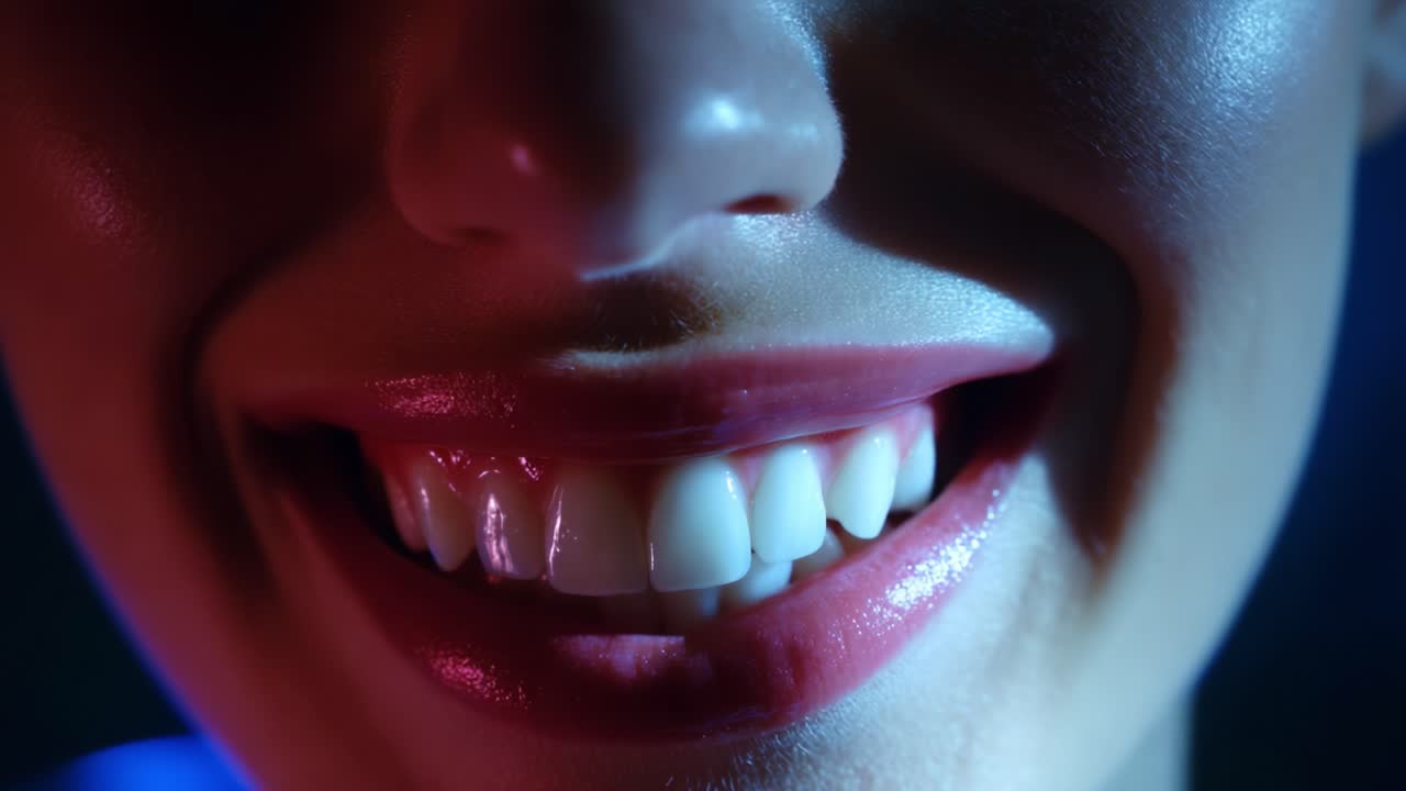 Captivating Close-Up of a Joyful Smile Illuminated by Soft Lighting, Showcasing the Radiance and Expressiveness of a Person's Beaming Happiness and Positive Energy Through Their Grinning Face