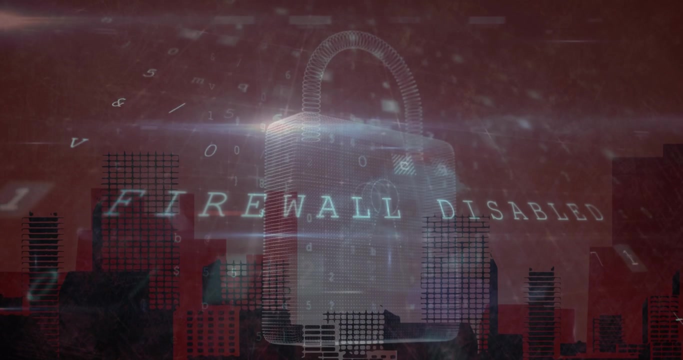 Animation of cyber attack warning and padlock icon over cityscape on red background