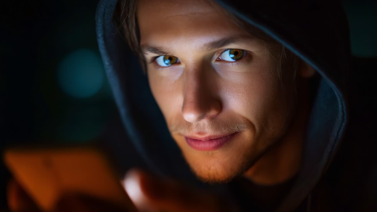 Una persona concentrada en un ambiente oscuro, iluminada por la brillante pantalla de un smartphone, revela un momento de contemplación y curiosidad a través de expresiones faciales cautivadoras