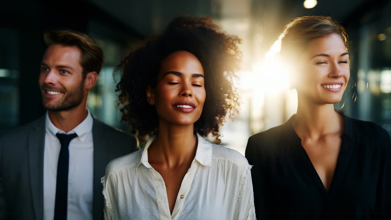 A Vibrant and Confident Group of Young Professionals Walking Together in a Modern Indoor Environment, Radiating Positivity and Success as They Enjoy Each Other's Company Under Soft Natural Lighting