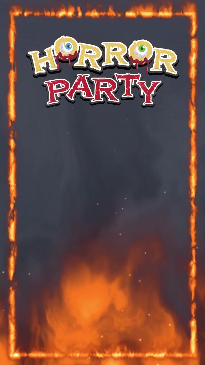 Animated vertical background with flaming borders, rising smoke, and horror party text for social media.