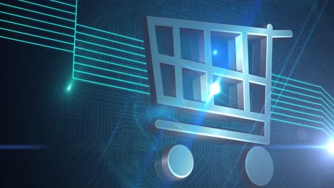 animación del carrito de compras en línea y líneas brillantes verdes sobre la placa de circuitos de la computadora