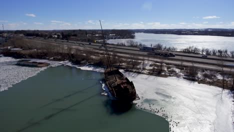 aerial parallax of wrecked la grande hermine ship in sunny ontario