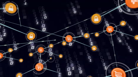 animation of network of connections with icons over binary coding data processing