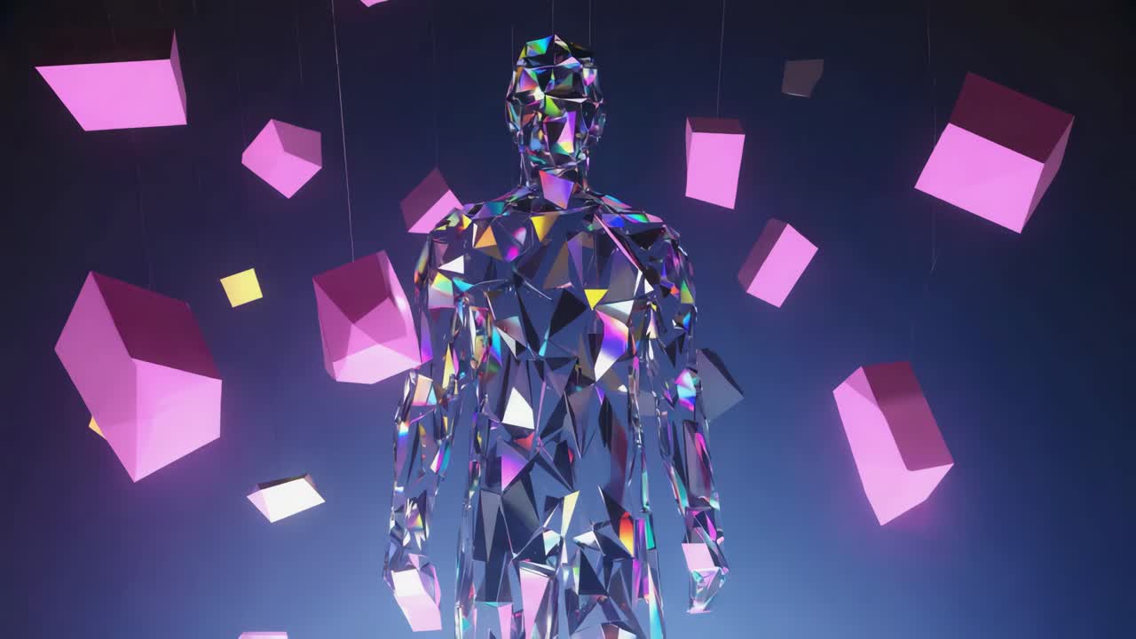 Abstract 3D Rendering of a Human Figure Surrounded by Cubes