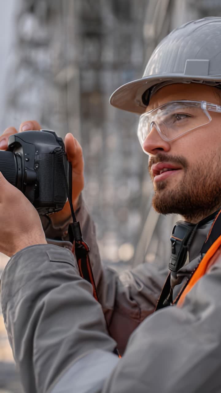Un fotógrafo concentrado con equipo de seguridad captura momentos precisos en una obra, mostrando dedicación a la artesanía y al arte de la fotografía.