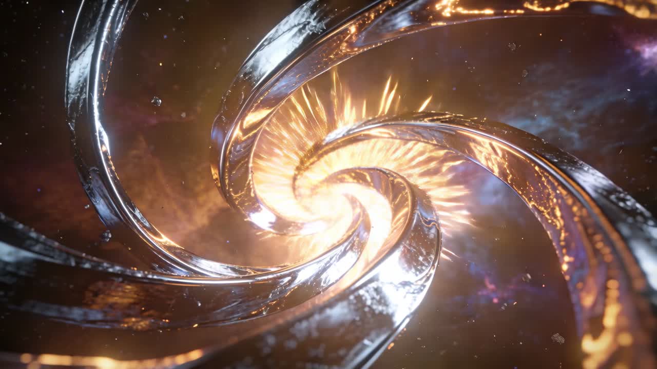 Speeding chrome vortex emitting sparks, gold edges, glowing core in nebula, drawing viewer inward