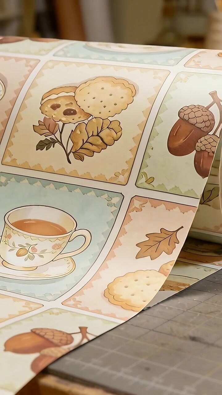 Vertical video: Unwinding paper roll, edge unwrapping and showing autumn panels on mat